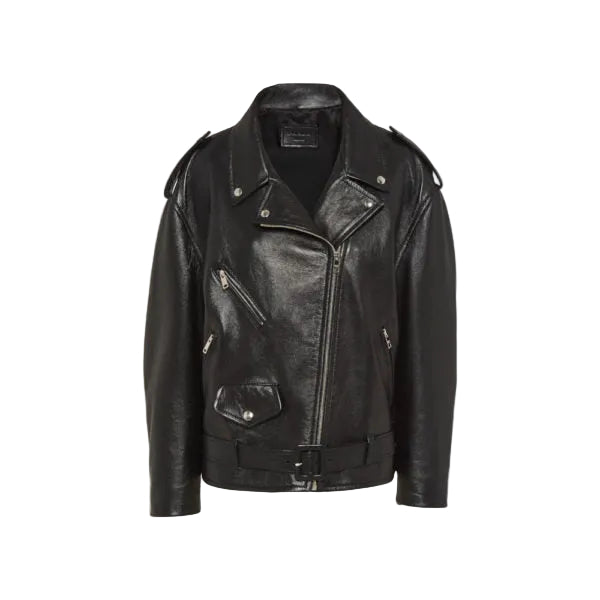 • black womens leather biker jacket belted front view
