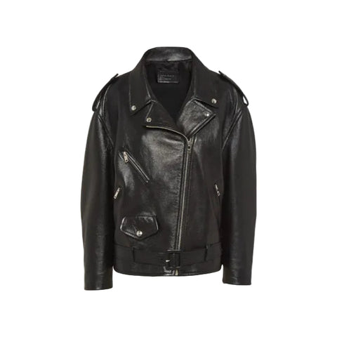 • black womens leather biker jacket belted front view
