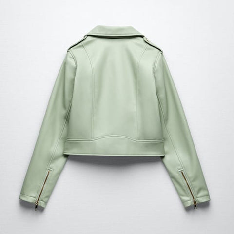• green moto jacket zipper detail close up
