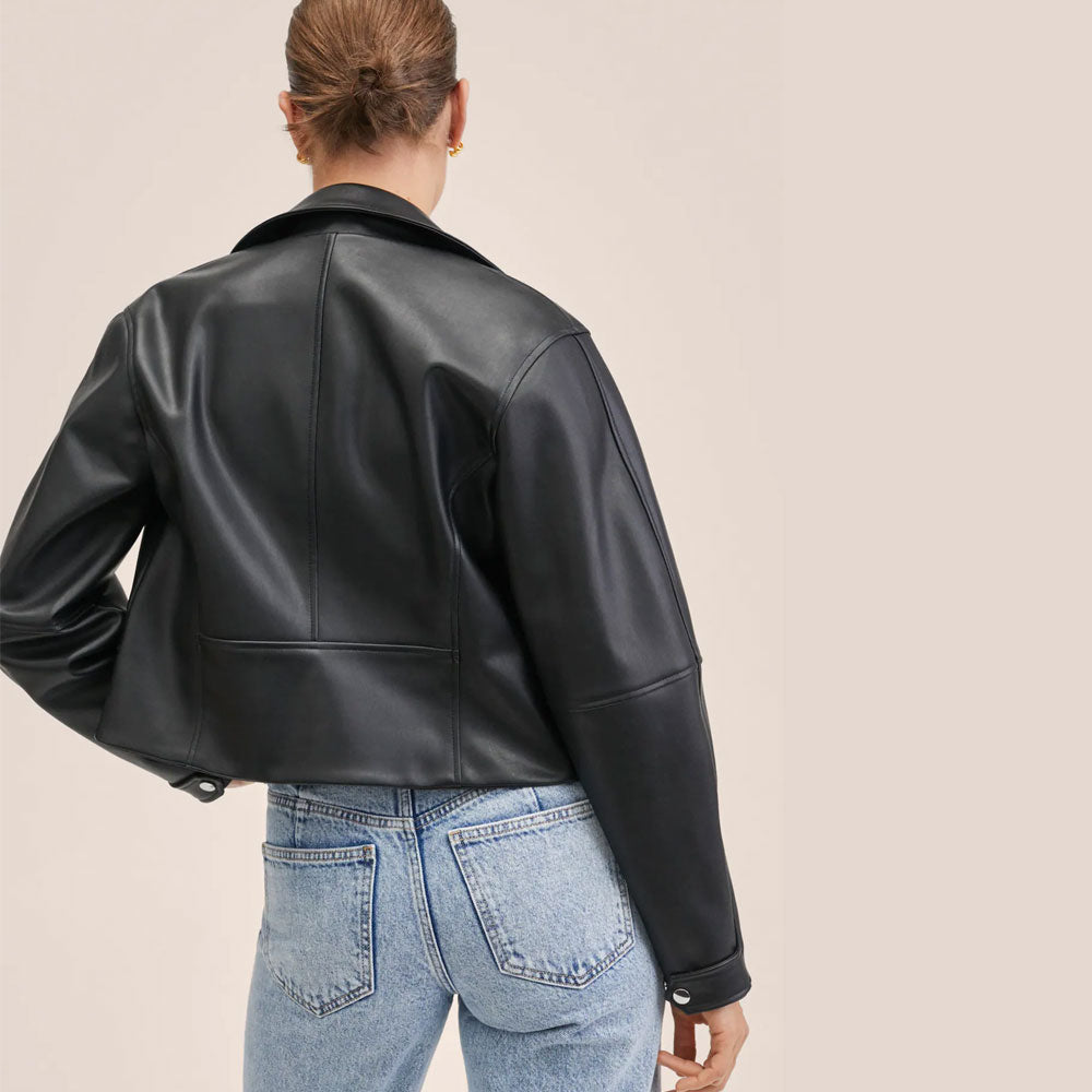 women’s black cowhide leather biker jacket side angle
