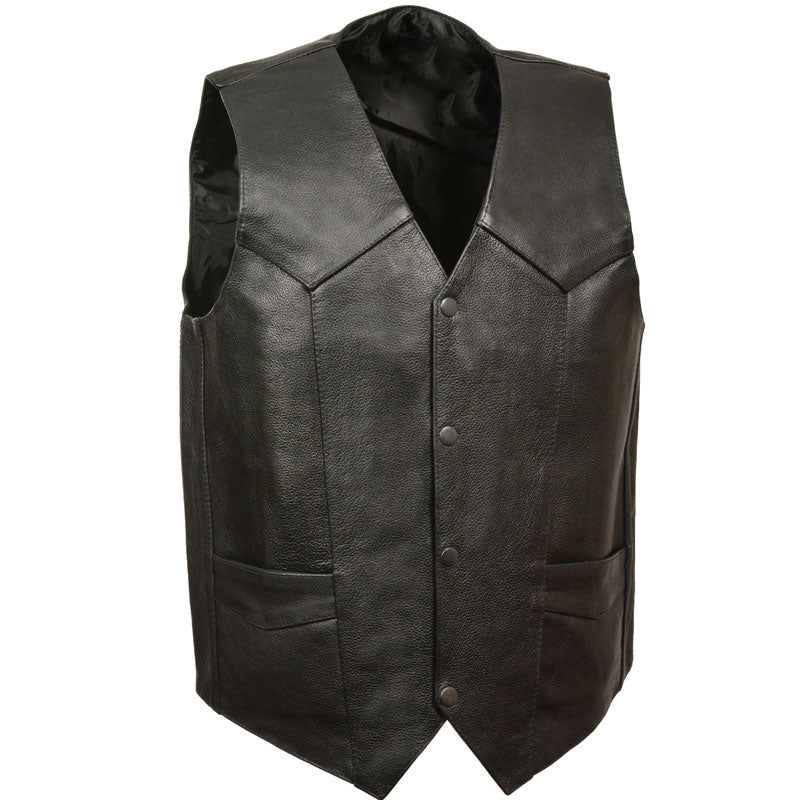 • black buffalo leather vest mens snap front front view
