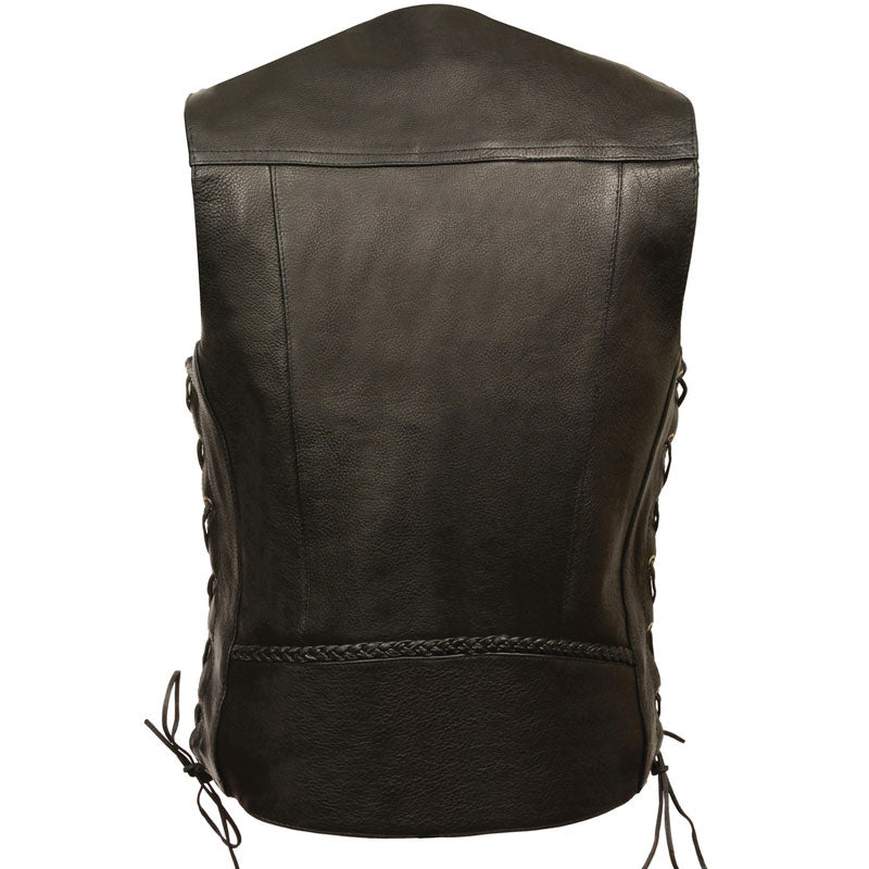 • braided biker vest side lace detail close up
