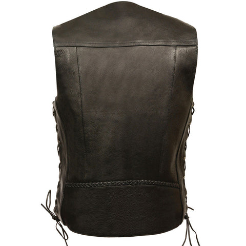 • braided biker vest side lace detail close up
