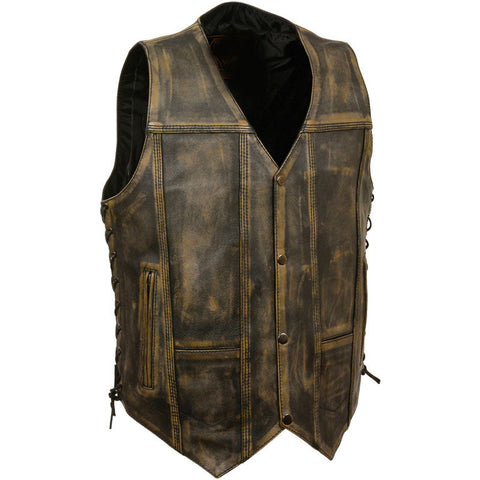 • brown distressed leather biker vest 10 pocket front view
