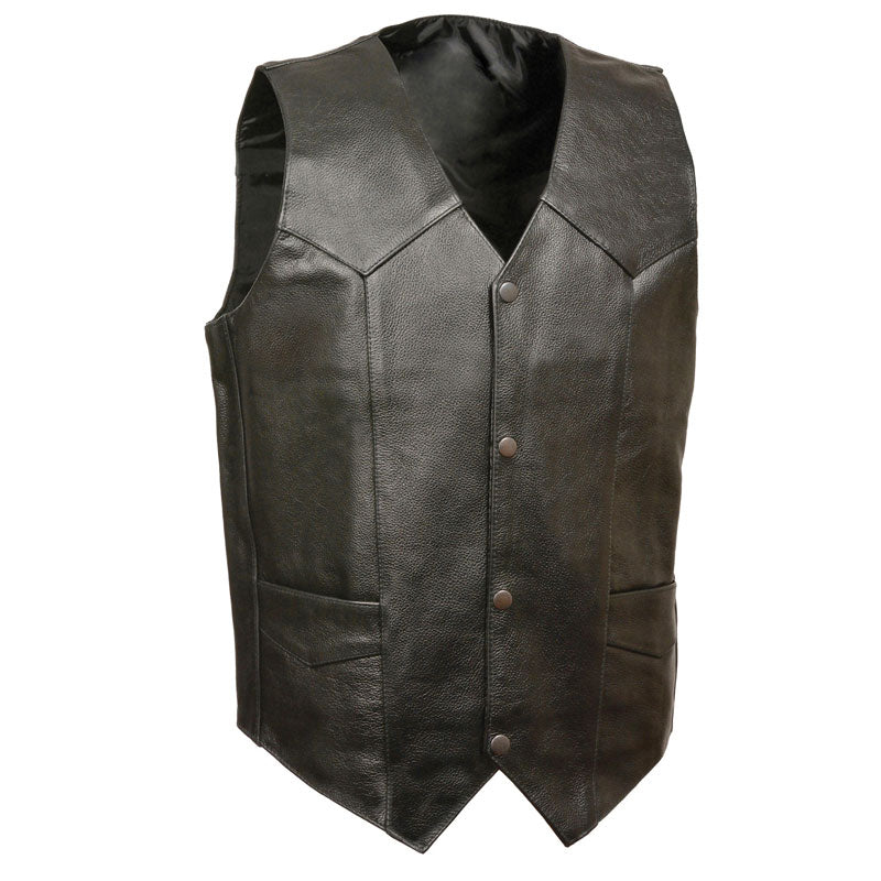 • black snap front leather vest mens front view
