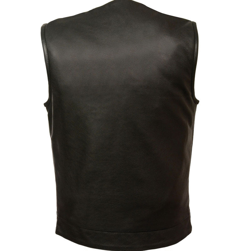 • black club style leather vest concealed snap front detail
