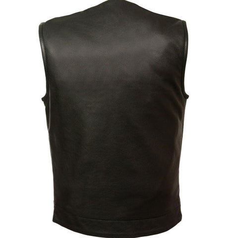 • black club style leather vest concealed snap front detail
