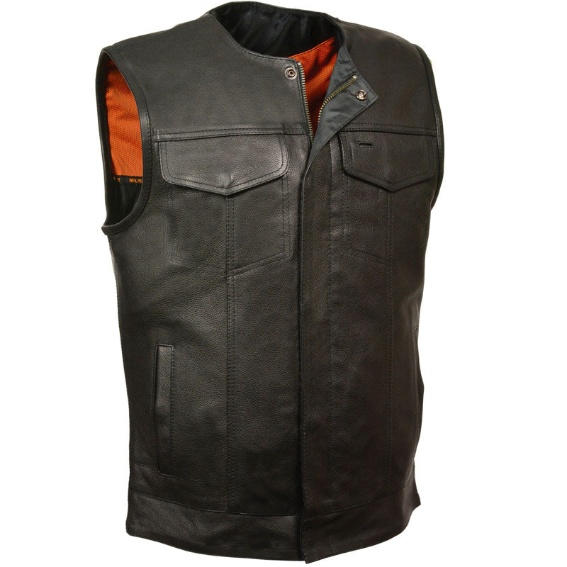 • collarless leather vest mens club style black front view
