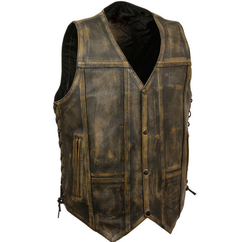 • brown distressed leather vest mens front view
