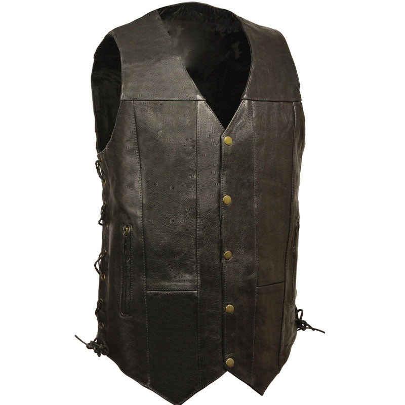 • black leather vest side lace mens cowhide front view
