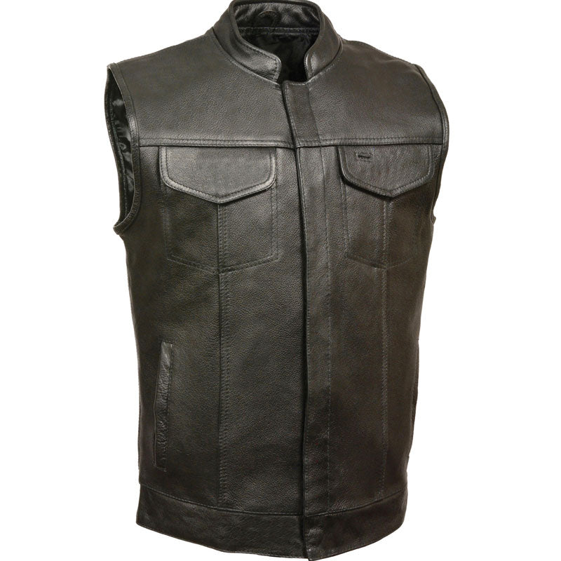 • black open neck leather vest mens buffalo front view
