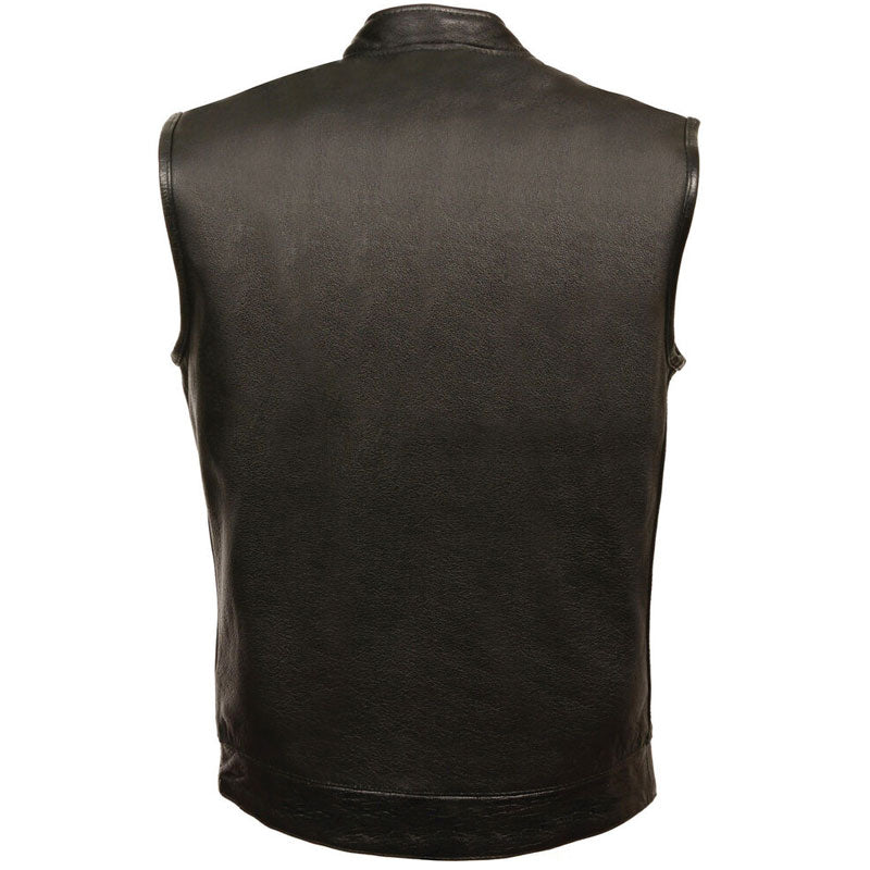 • club style leather vest single panel back patches detail
