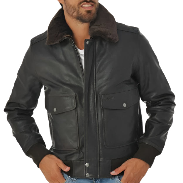 Black Cowhide Leather Aviator Jacket for Men - AMSEL LEATHERS