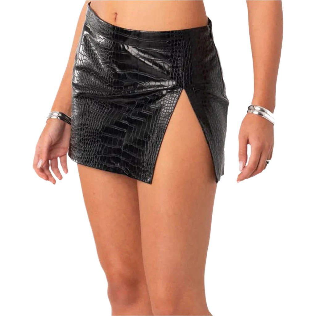 Black Croc Embossed Mini Leather Skirt - AMSEL LEATHERS