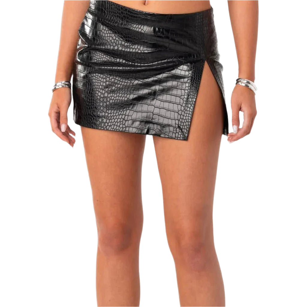 Black Croc Embossed Mini Leather Skirt - AMSEL LEATHERS