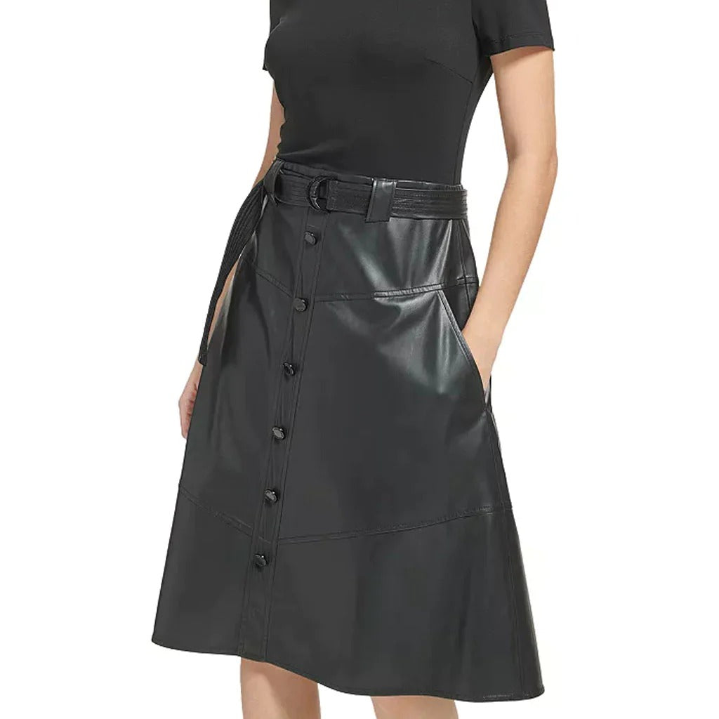 Black Leather A-Line Skirt for Women - AMSEL LEATHERS