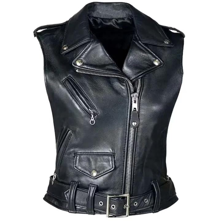 Black Leather Biker Vest for Women - AMSEL LEATHERS