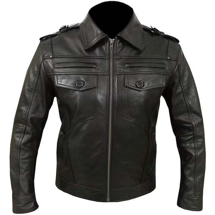 Black Leather Jacket with Epaulettes - AMSEL LEATHERS