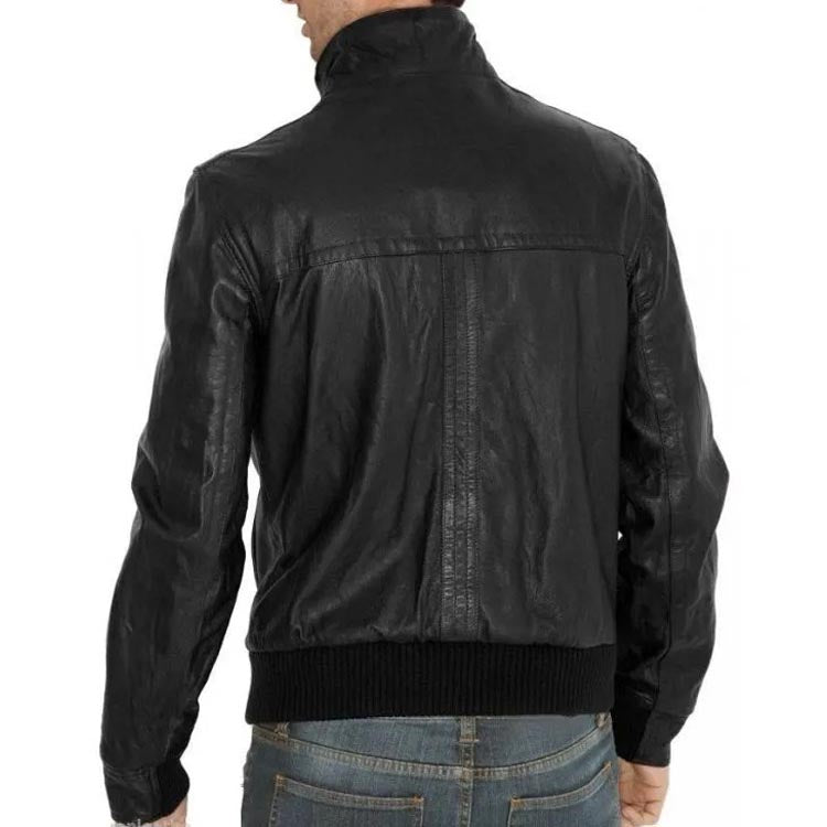 Black Leather Men's Simple Fitted Bomber Jacket - AMSEL LEATHERS