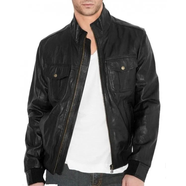 Black Leather Men's Simple Fitted Bomber Jacket - AMSEL LEATHERS