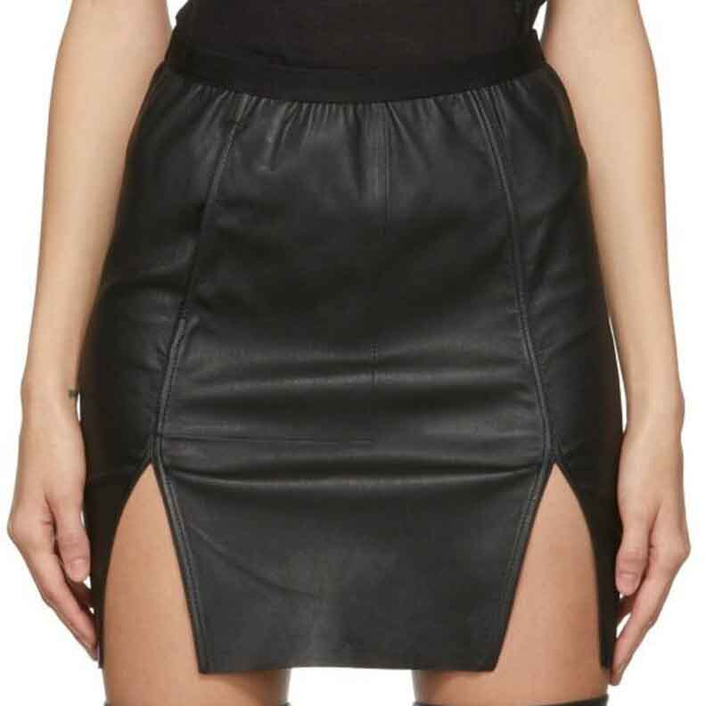 Black Leather Mini Skirt with Side Slit - AMSEL LEATHERS