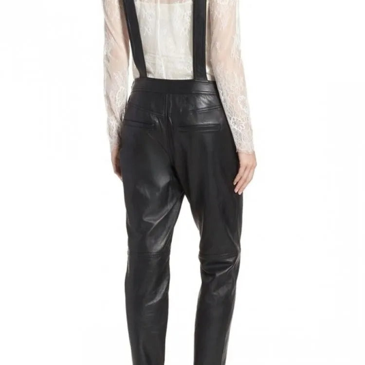 Black Leather Overalls Full Body Ladies Romper - Edgy and Fashion-Forward - AMSEL LEATHERS