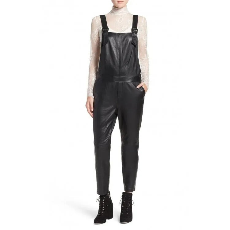 Black Leather Overalls Full Body Ladies Romper - Edgy and Fashion-Forward - AMSEL LEATHERS