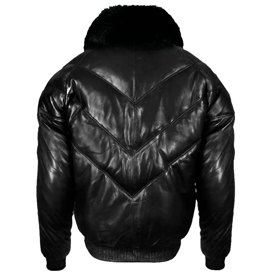 Black Leather V Bomber Jacket with Fur - Leather Down Jacket - AMSEL LEATHERS