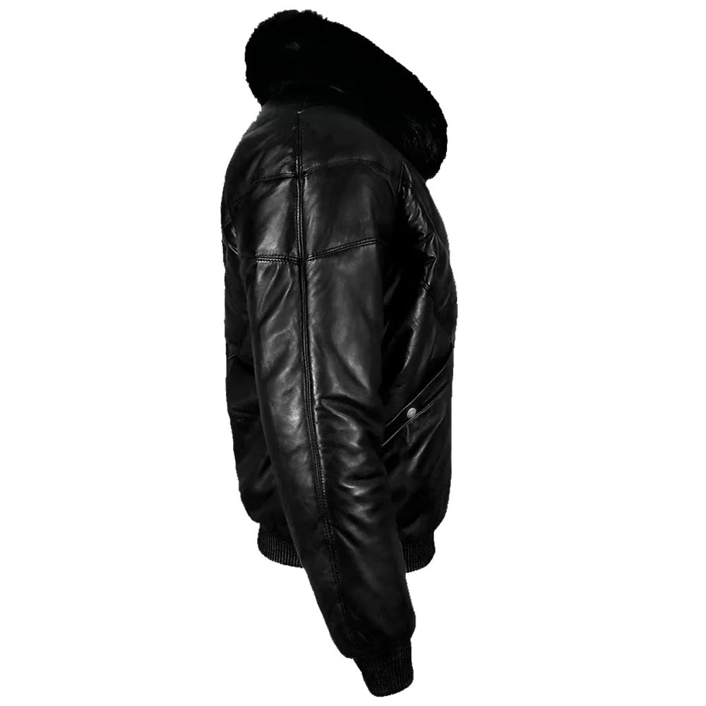 Black Leather V Bomber Jacket with Fur - Leather Down Jacket - AMSEL LEATHERS