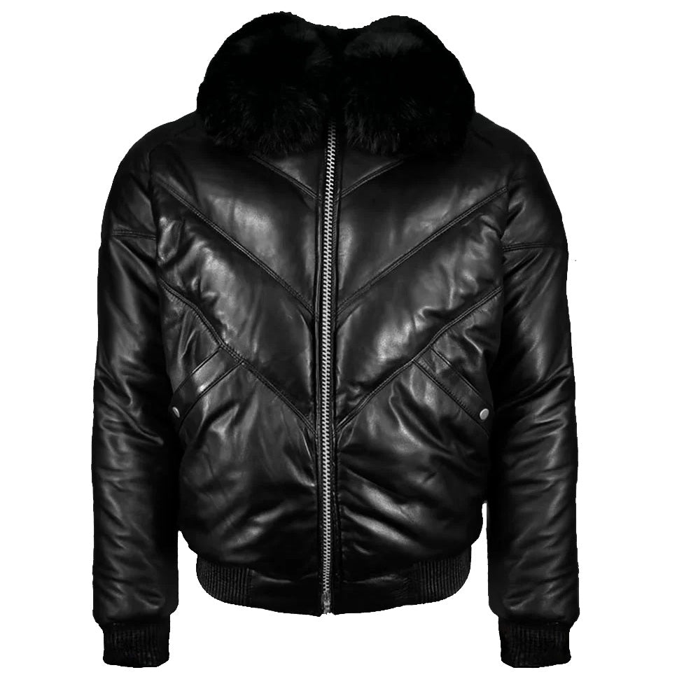 Black Leather V Bomber Jacket with Fur - Leather Down Jacket - AMSEL LEATHERS