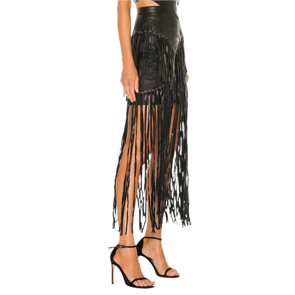 Black Long Fringe Detailed Women's Leather Skirt - AMSEL LEATHERS