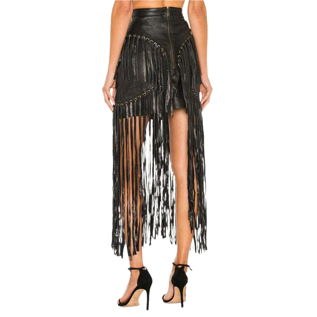 Black Long Fringe Detailed Women's Leather Skirt - AMSEL LEATHERS