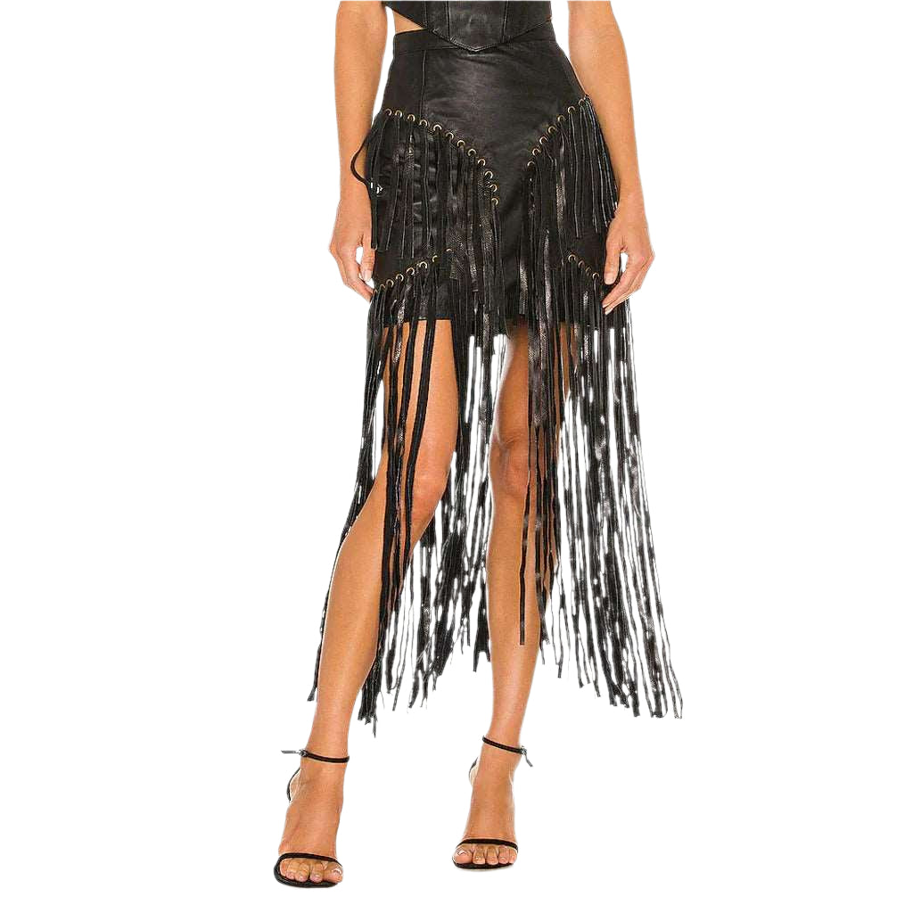 Black Long Fringe Detailed Women's Leather Skirt - AMSEL LEATHERS