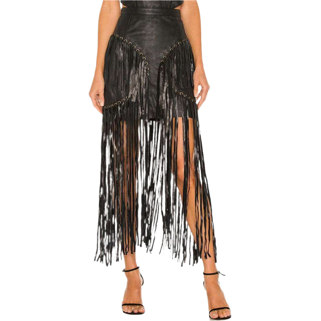 Black Long Fringe Detailed Women's Leather Skirt - AMSEL LEATHERS