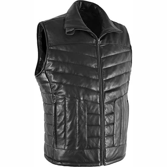 Black Men's Quilted Puffer Leather Vest - AMSEL LEATHERS