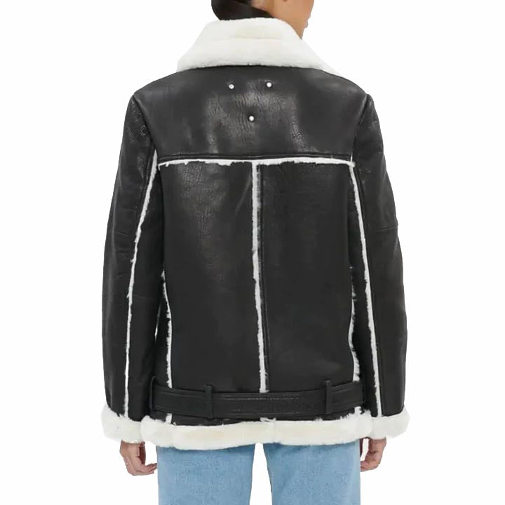 Black Oversized Shearling Leather Jacket For Women - AMSEL LEATHERS