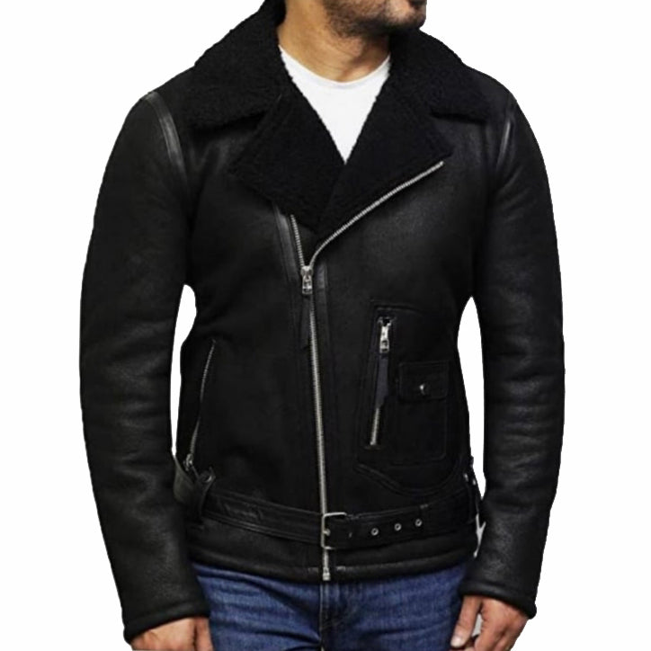 Black Sheepskin Shearling Aviator Jacket for Men - AMSEL LEATHERS