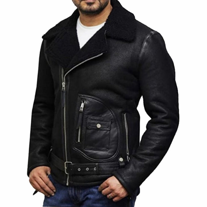 Black Sheepskin Shearling Aviator Jacket for Men - AMSEL LEATHERS