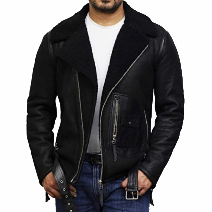 Black Sheepskin Shearling Aviator Jacket for Men - AMSEL LEATHERS