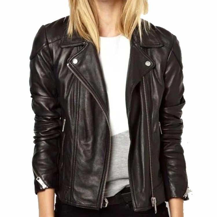 Black Women's Leather Biker Jacket - AMSEL LEATHERS