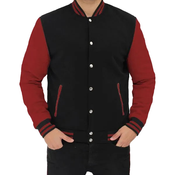 • black maroon varsity jacket mens fleece front view
