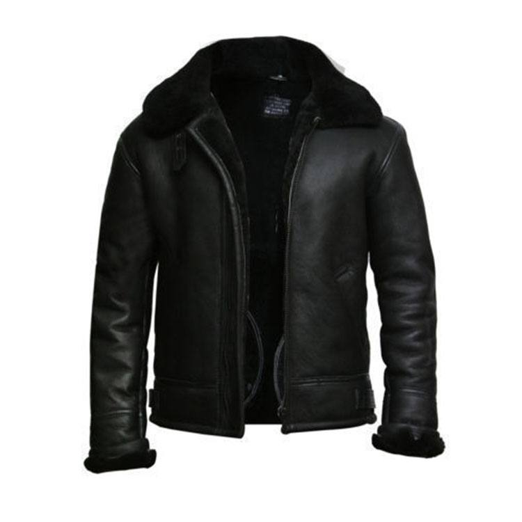 men’s black sheepskin leather aviator jacket side angle