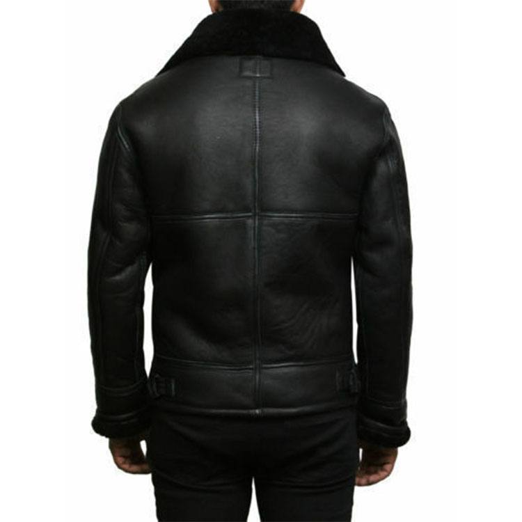 men’s black sheepskin leather aviator jacket back view