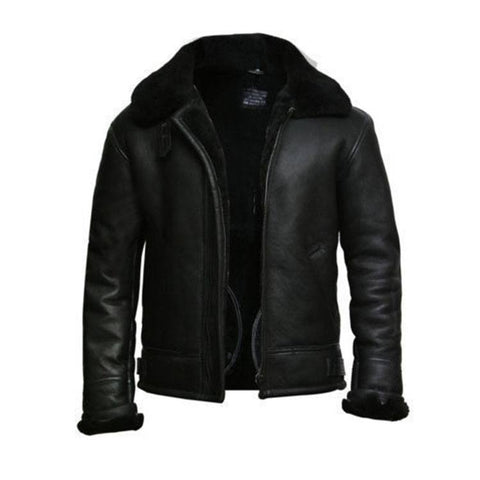 men’s black sheepskin leather aviator jacket side angle