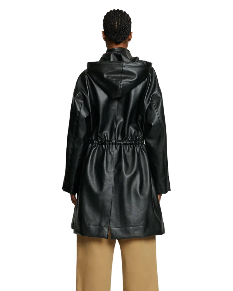 • sheepskin duster coat hooded black leather detail
