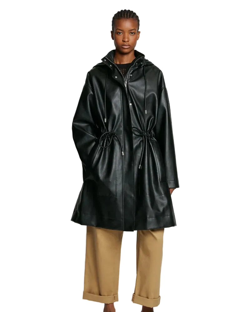 • black hooded sheepskin leather trench coat mens front view
