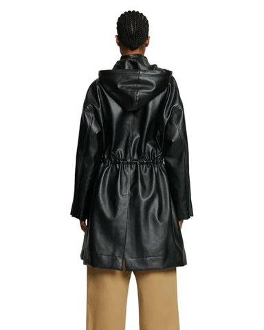 • sheepskin duster coat hooded black leather detail
