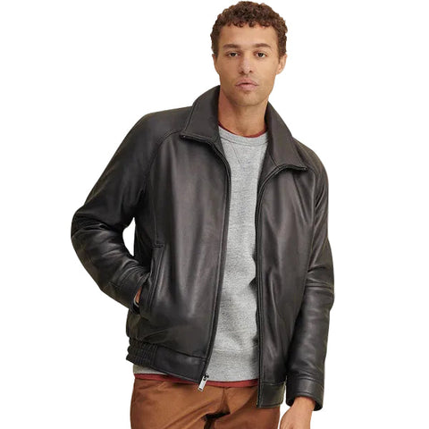• black lined leather bomber jacket mens front view
