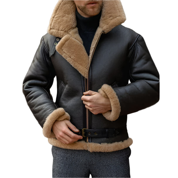 Black Men's Aviator Fur Sheepskin Leather Jacket - AMSEL LEATHERS