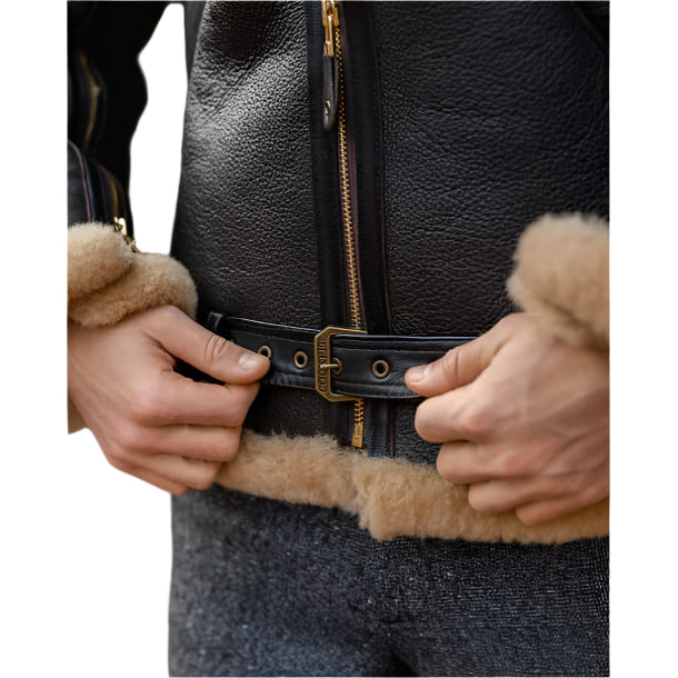 Black Men's Aviator Fur Sheepskin Leather Jacket - AMSEL LEATHERS